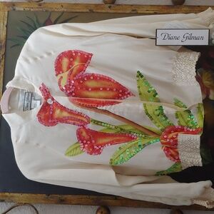 Vtg Diane Gilman Silk Floral Jacket w/ Sequins P2P 21.5 in.
